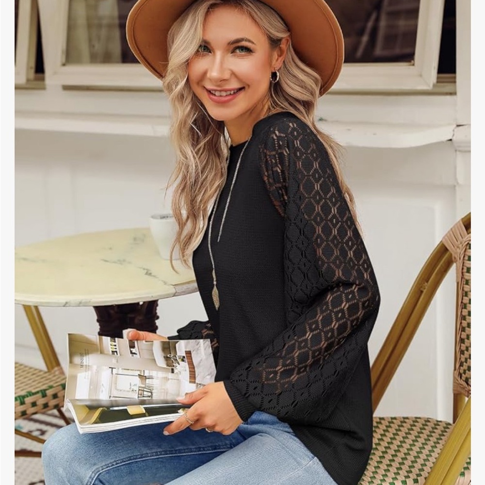 MIHOLL Women’s Long Sleeve Tops Lace Casual Loose Blouse T Shirt, Black Sz M